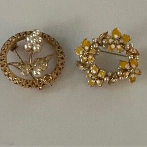 Vintage Gold and Yellow Floral Brooches with Pearl Accents